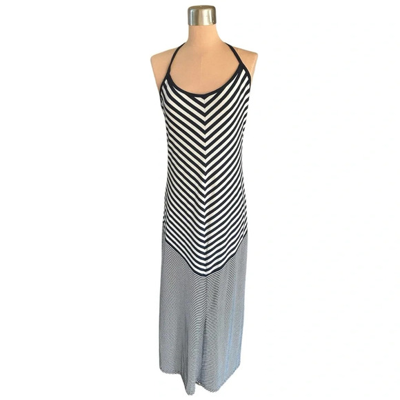 Derek Heart Navy White Striped Chevron Racerback Maxi Dress Size Large - Picture 1 of 6